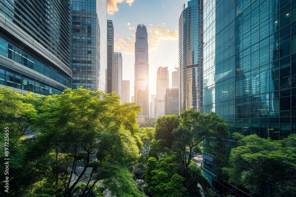 Naklejka premium Cityscape With Tall Buildings and Trees in the Foreground, Glass and steel skyscrapers in an eco-friendly cityscape, AI Generated