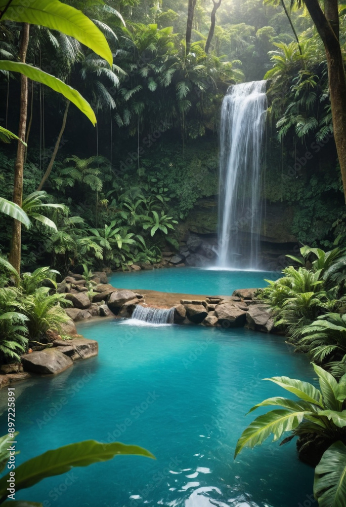 Hidden waterfall cascading into a turquoise pool within a lush rainforest. Hidden waterfall cascading into a turquoise pool within a lush rainforest.
