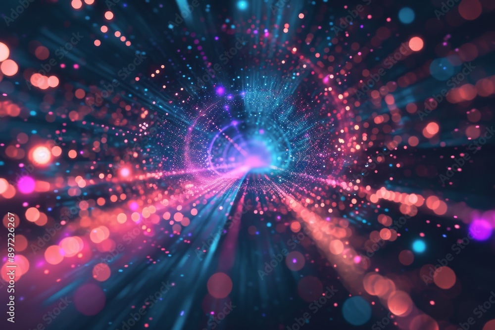 Naklejka premium An abstract composition featuring vibrant lights and blurred elements creating a mesmerizing visual effect, Glittering neon lights in an abstract futuristic design, AI Generated