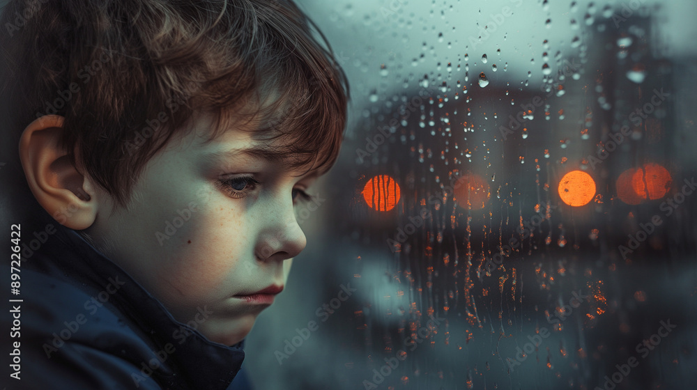 The boy is sad at the window flooded with rain The boy is sad at the window flooded with rain