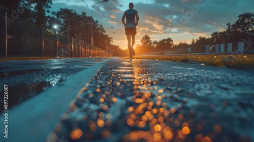 Runner with cramping calf, immediate spasm, empty track, grim determination, dusk light, dynamic angle, high contrast, intense scene photo