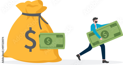 Tax evasion, financial crime, bank or savings security, merchants stealing part of the money from inside a large broken money bag

