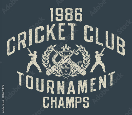 Cricket club emblem tournament champions vintage vector print for boy man sport wear t shirt grunge effect in separate layer