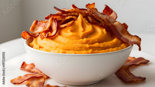 A bowl of creamy mashed sweet potatoes topped with crispy bacon