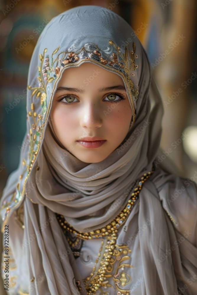 A woman wears a headscarf and a scarf, perfect for travel, street style or casual outfit A woman wears a headscarf and a scarf, perfect for travel, street style or casual outfit