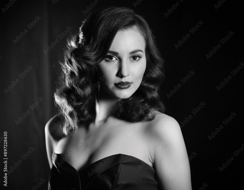 Elegant Film Noir Headshot of a Woman: Timeless Vintage Portrait with Dramatic Lighting and Shadows Elegant Film Noir Headshot of a Woman: Timeless Vintage Portrait with Dramatic Lighting and Shadows