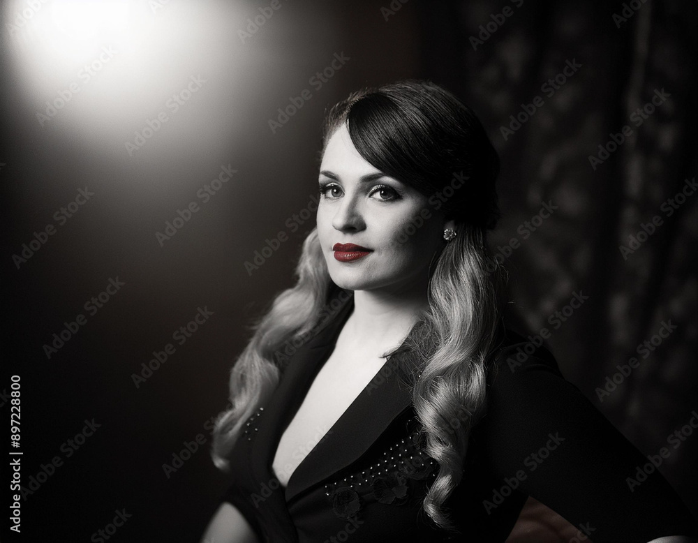 Elegant Film Noir Headshot of a Woman: Timeless Vintage Portrait with Dramatic Lighting and Shadows