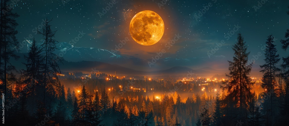 Nighttime Mountain Village with Full Moon Nighttime Mountain Village with Full Moon