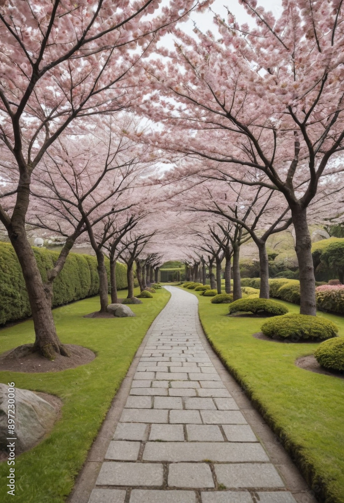 The iconic cherry blossom trees blooming along a path in a Japanese garden. The iconic cherry blossom trees blooming along a path in a Japanese garden.