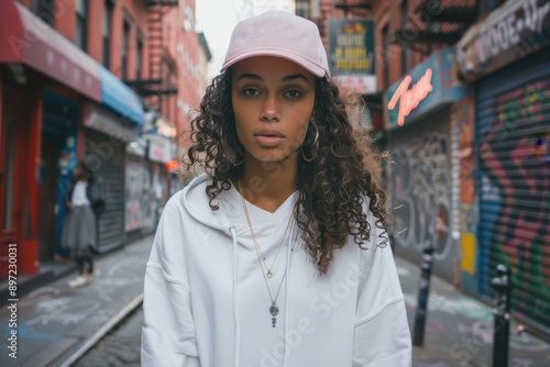 A young woman with curly hair wearing a white hoodie and a cap stands confidently on a graffiti-covered urban street, embodying modern city fashion and culture.