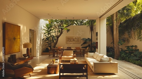 A living room surrounded by a vibrant garden, designed by Luis Barragan. The white walls and cosy warm lights, paired with modern furniture, create a serene atmosphere. photo