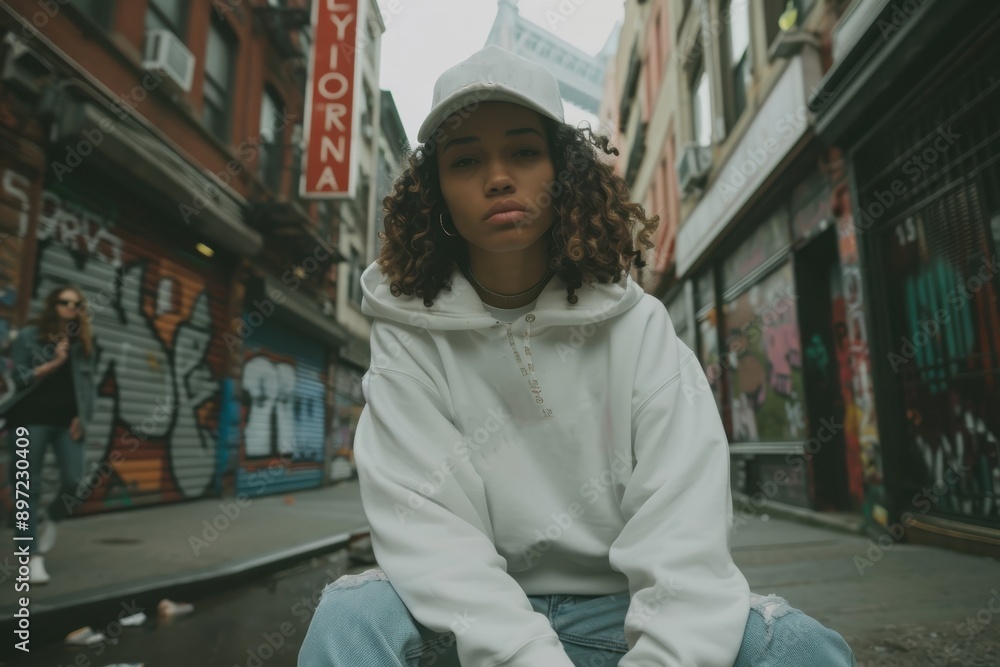 A young woman in a white hoodie and cap sits confidently on an urban street with graffiti-covered walls around her, representing modern street culture and bold urban fashion. A young woman in a white hoodie and cap sits confidently on an urban street with graffiti-covered walls around her, representing modern street culture and bold urban fashion.