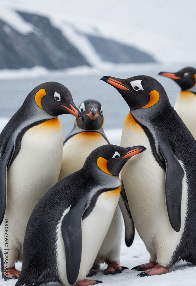 Fototapeta premium A group of penguins huddled together on a snowy Antarctic landscape. 