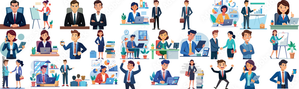 Business professionals in various office settings and activities