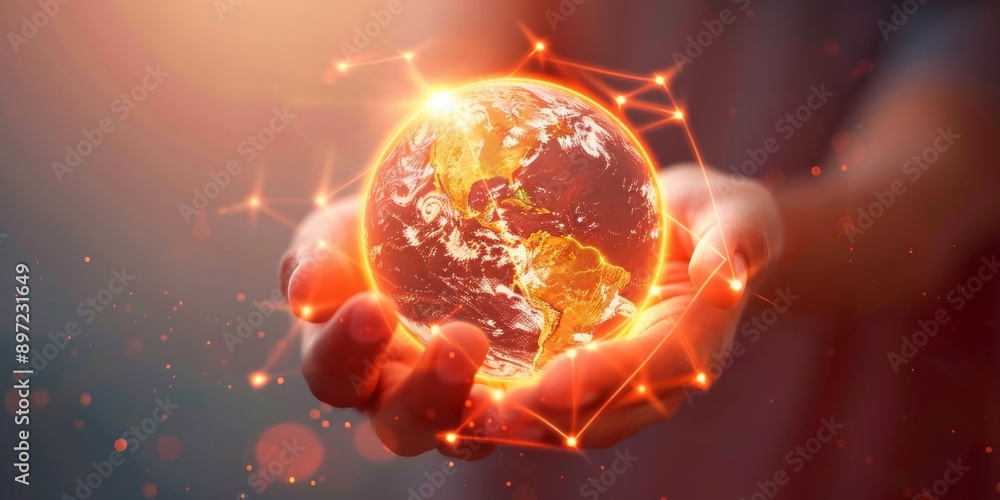 Fototapeta premium Close-up of hands holding a glowing, digitally connected Earth, symbolizing global connectivity and unity.