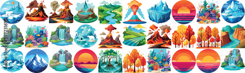 Scenic illustrations of landscapes with mountains, rivers, and forests