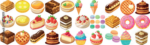 Illustrations of various desserts and pastries including cakes, pies, and ice cream
