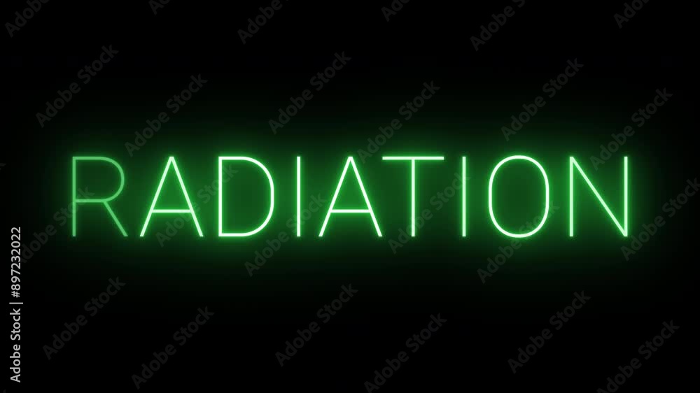 Flickering neon green radiation sign animated black background.