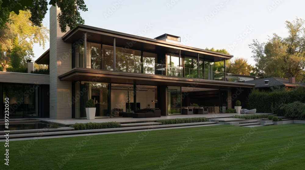 A modern home exterior with a sleek design, large glass windows, and a manicured front lawn A modern home exterior with a sleek design, large glass windows, and a manicured front lawn