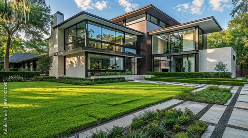 A modern home exterior with a sleek design, large glass windows, and a manicured front lawn