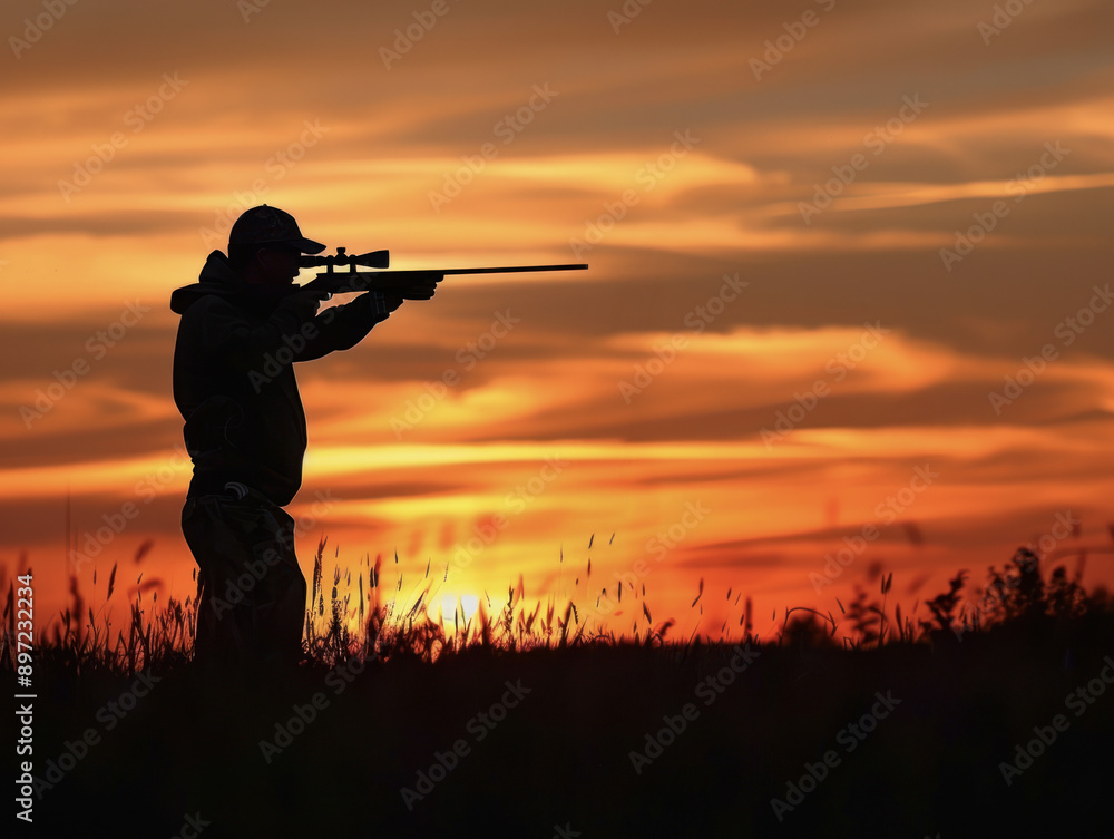 Silhouette of Shooter Aiming Rifle at Sunset Silhouette of Shooter Aiming Rifle at Sunset