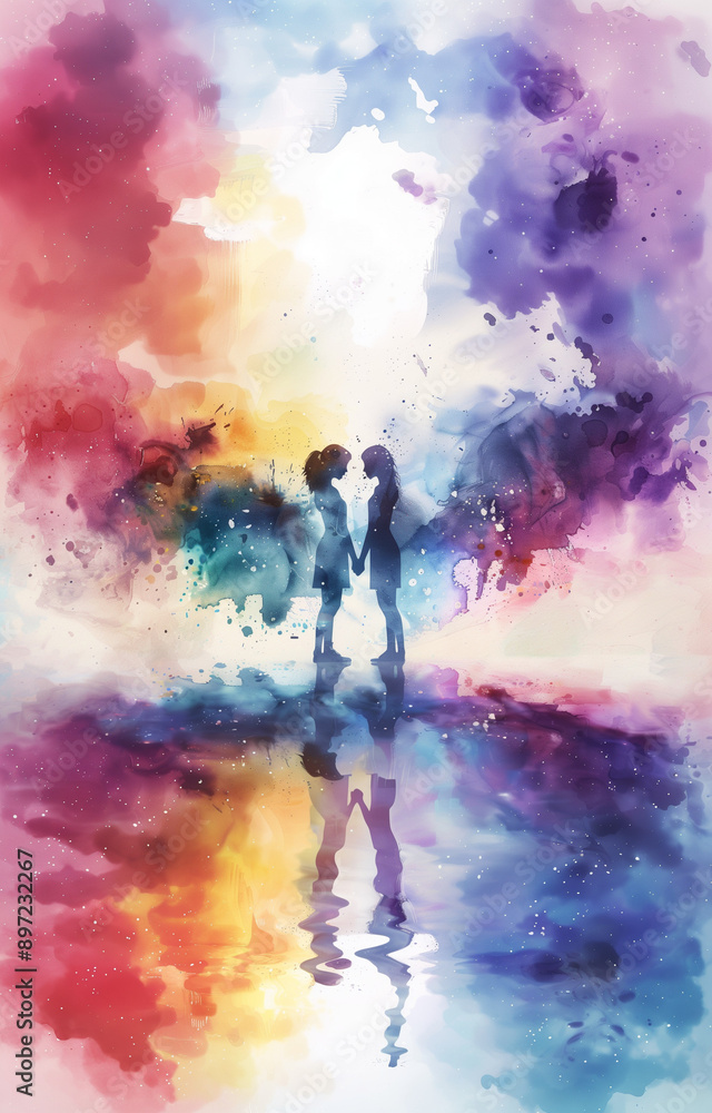 silhouettes of 2 girls holding hands; concept of first love, friendship, comitment, taking care of each other, childhood, best friend; watercolor colorful painting silhouettes of 2 girls holding hands; concept of first love, friendship, comitment, taking care of each other, childhood, best friend; watercolor colorful painting