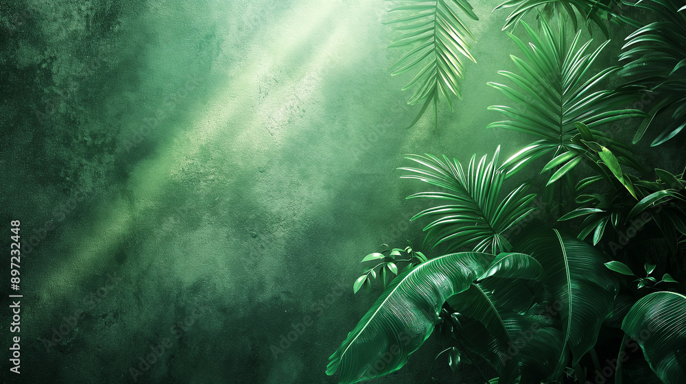 Obraz premium Jungle, beautiful tropical forest illuminated by sun rays. Palm tree leaves on green background with copy space. Plant background with place for text