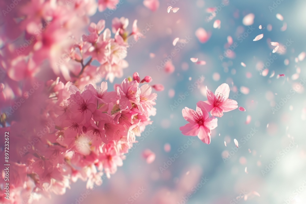 A vibrant collection of pink flowers gracefully floating through the air, creating a captivating visual display, Heart-shaped cherry blossoms falling in the wind, AI Generated A vibrant collection of pink flowers gracefully floating through the air, creating a captivating visual display, Heart-shaped cherry blossoms falling in the wind, AI Generated