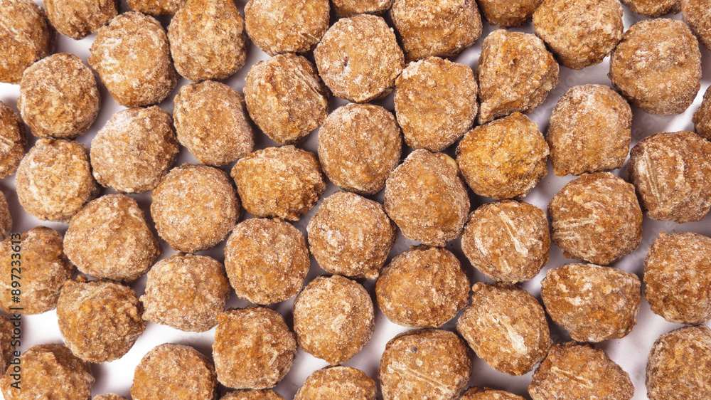 Frozen meatballs filling the frame, top down view studio shot on white background Frozen meatballs filling the frame, top down view studio shot on white background