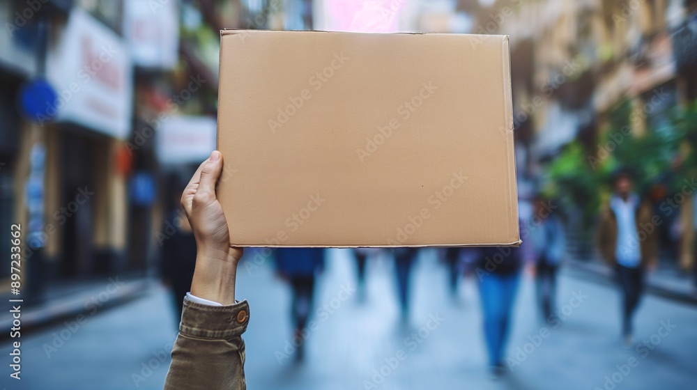 Person Holding Blank Cardboard Sign on Busy Street. Activism and Social Movement. Political Campaigns, Public Demonstrations, and Social Justice Awareness. News and Human Rights Projects. Person Holding Blank Cardboard Sign on Busy Street. Activism and Social Movement. Political Campaigns, Public Demonstrations, and Social Justice Awareness. News and Human Rights Projects.