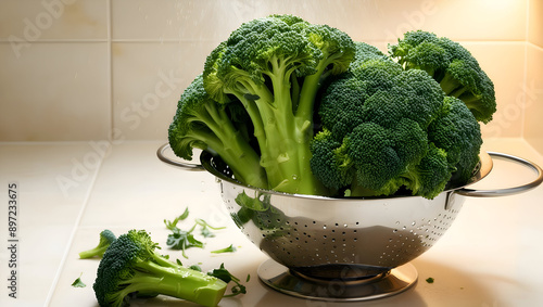 A crunchy head of broccoli florets steaming in a colander