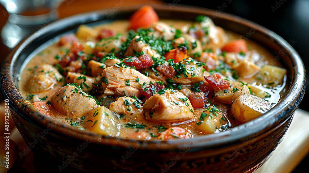 Chicken stew with potatoes, tomatoes and herbs in a rustic bowl Chicken stew with potatoes, tomatoes and herbs in a rustic bowl