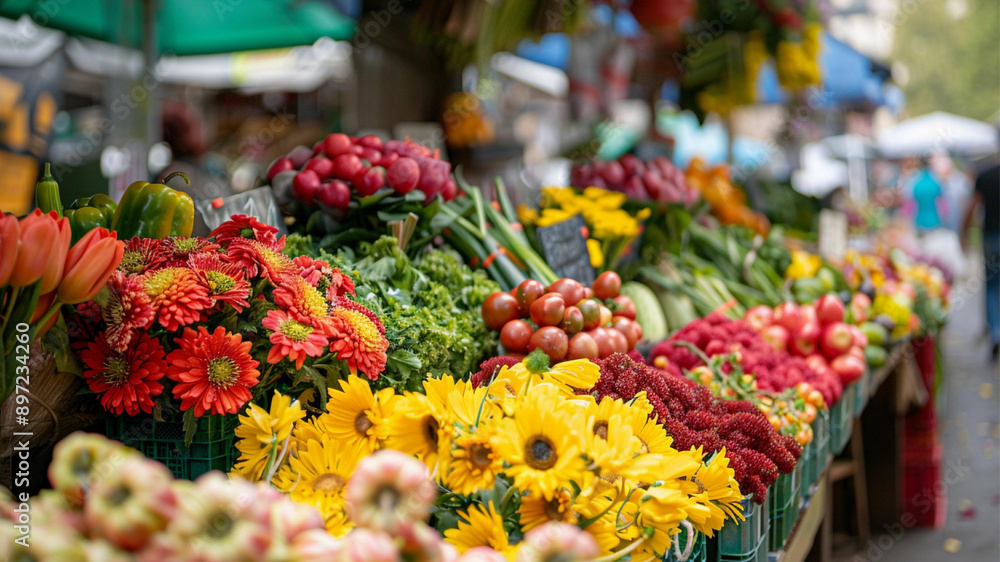 Lively Market Stall with Fresh Flowers and Produce, Generative AI illustration Lively Market Stall with Fresh Flowers and Produce, Generative AI illustration