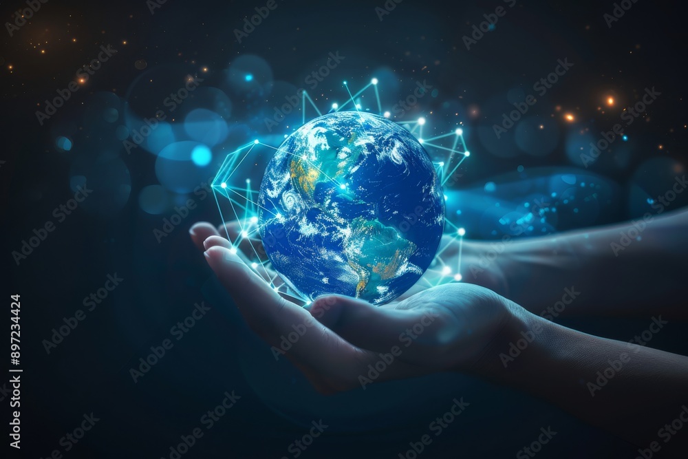 Digital Earth shows a globally connected world in human hands, revealing planets interconnectedness through technology Digital Earth shows a globally connected world in human hands, revealing planets interconnectedness through technology