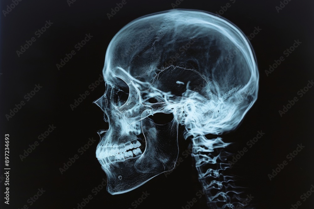 This x-ray image showcases the detailed structure and composition of a human skull, High detail X-ray view of a human skull, AI Generated This x-ray image showcases the detailed structure and composition of a human skull, High detail X-ray view of a human skull, AI Generated