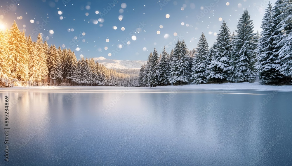 Fototapeta premium A serene winter landscape with a frozen lake surrounded by snow covered pine trees