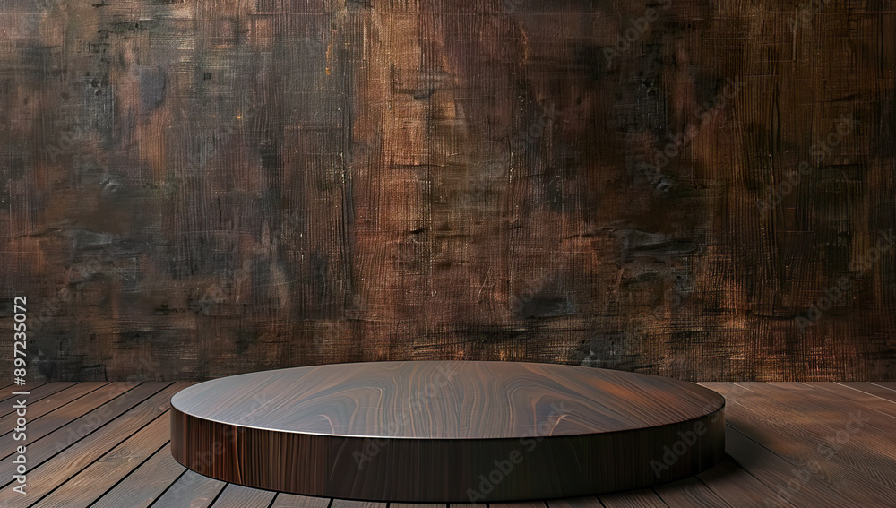 Fototapeta premium The image shows a large darken wooden display platform on a rustic wooden table.