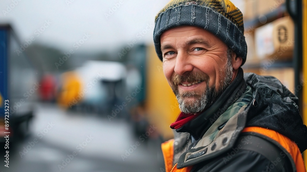 Trucker's Smile: A close-up portrait of a weathered, yet content, trucker with a warm smile, radiating a sense of pride and accomplishment. Trucker's Smile: A close-up portrait of a weathered, yet content, trucker with a warm smile, radiating a sense of pride and accomplishment.