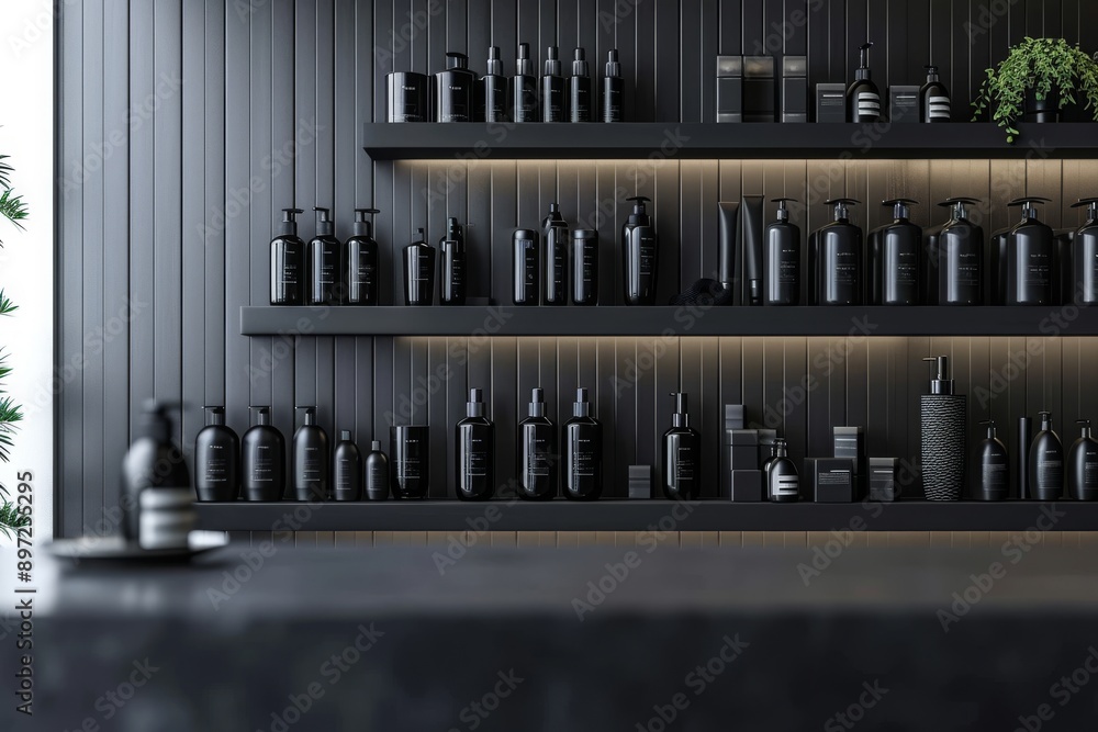 Black Shelf Filled With Numerous Black Bottles, High-end hair styling products displayed in a minimalistic salon interior, AI Generated Black Shelf Filled With Numerous Black Bottles, High-end hair styling products displayed in a minimalistic salon interior, AI Generated