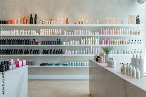 A bustling store displaying an extensive collection of diverse bottles of varying shapes, sizes, and colors, High-end hair styling products displayed in a minimalistic salon interior, AI Generated