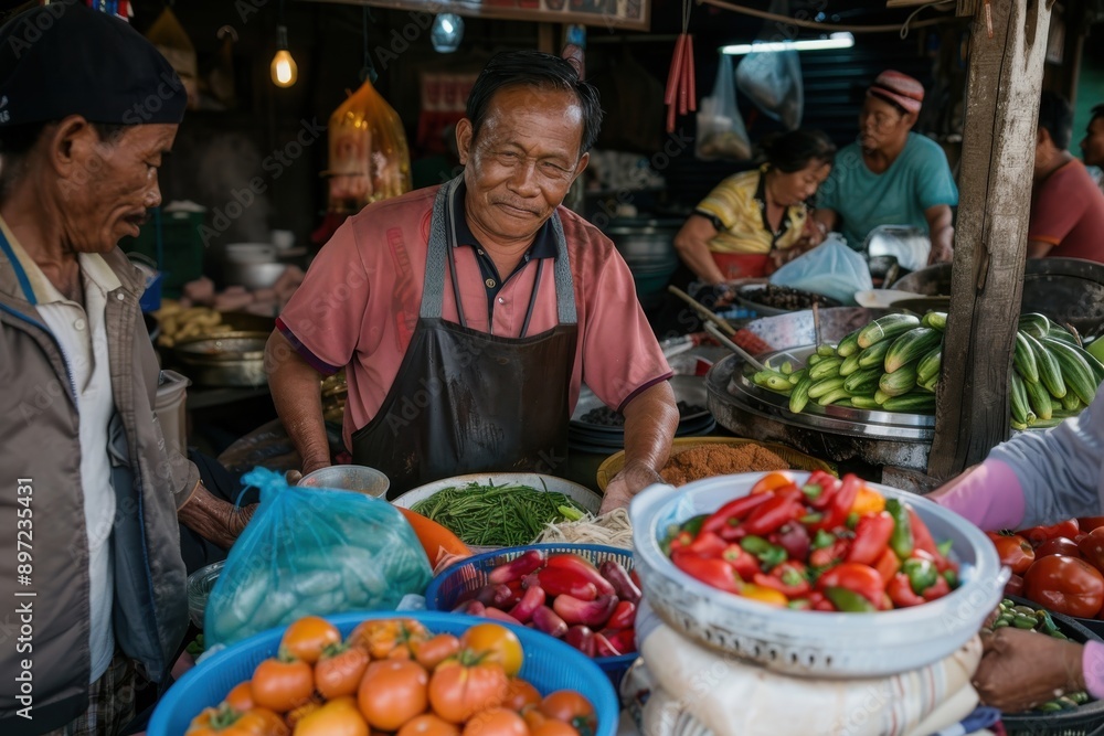 Obraz premium A dedicated vendor in an apron handles fresh vegetables at his market stall, showcasing a colorful array of produce, emphasizing local trade and agricultural richness.