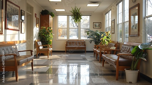 Waiting Area With Leather Couches and Large Windows in a Building