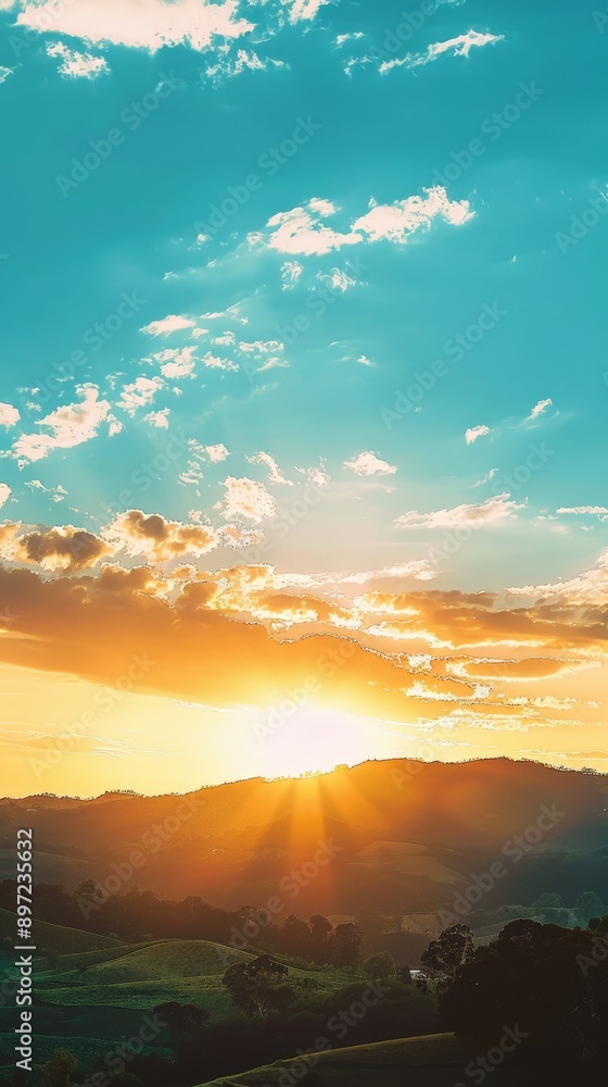 Fototapeta premium Sunrise over distant hills with a bright yellow sky