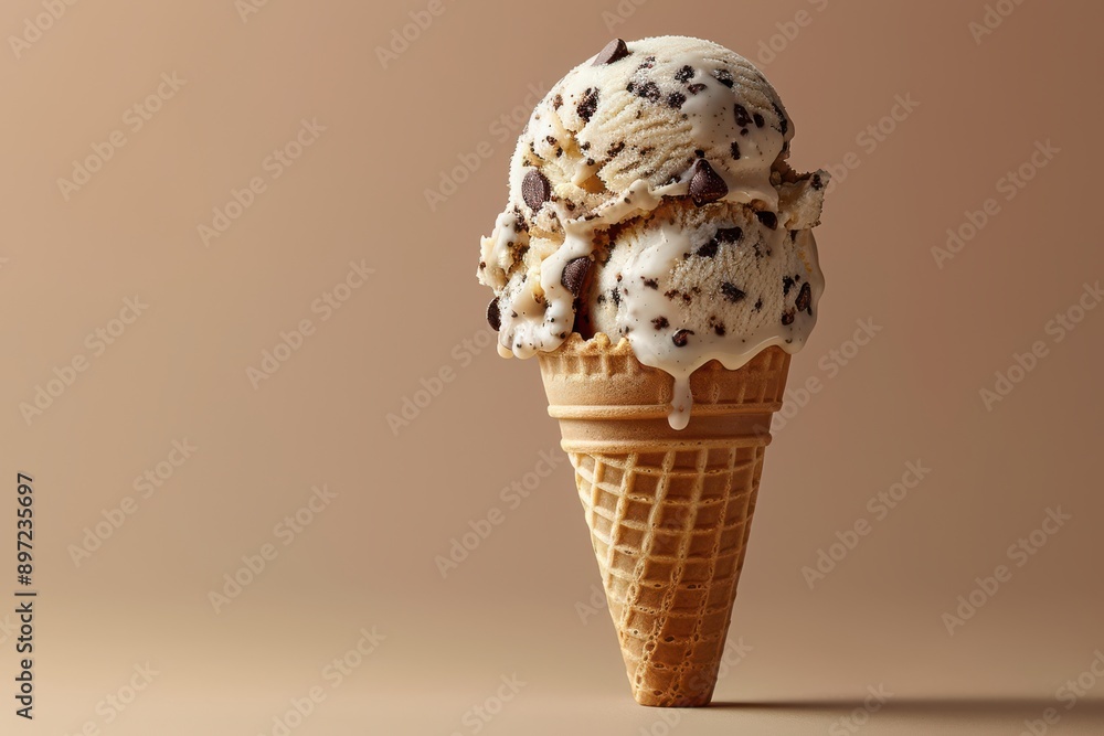 Coffee ice cream with chocolate pieces in a wafer on a fuzzy light background Coffee ice cream with chocolate pieces in a wafer on a fuzzy light background