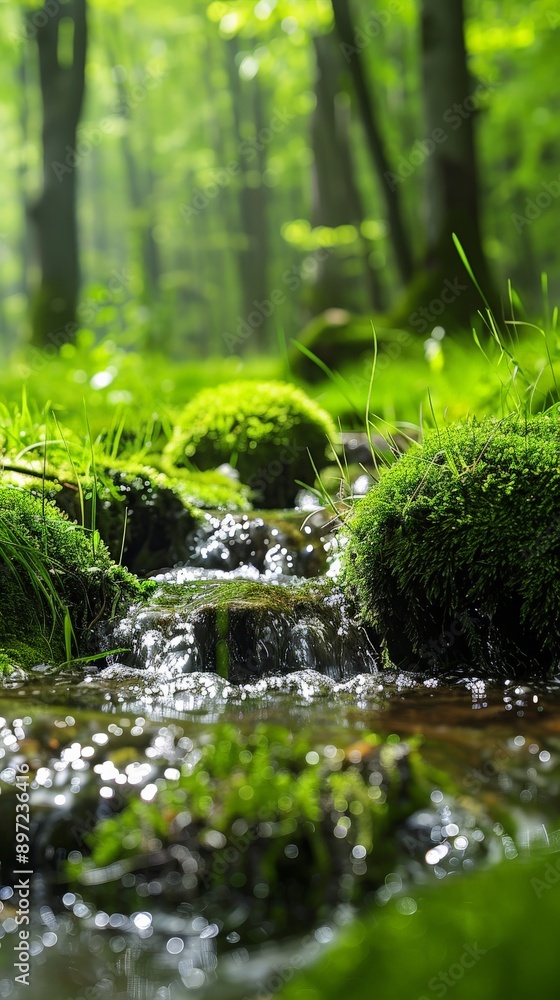 Sparkling water flows through a mossy forest stream Sparkling water flows through a mossy forest stream