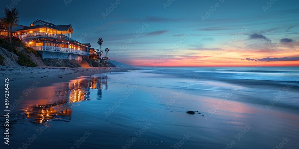 Coastal Sunset at Beachside Houses with Reflections on Calm Water Coastal Sunset at Beachside Houses with Reflections on Calm Water