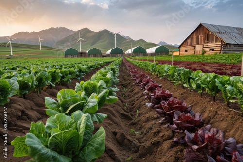 A vibrant farming scene featuring diverse crops arranged in neat rows, wind turbines generating green energy in the background, and wooden barns symbolizing sustainable agriculture. photo