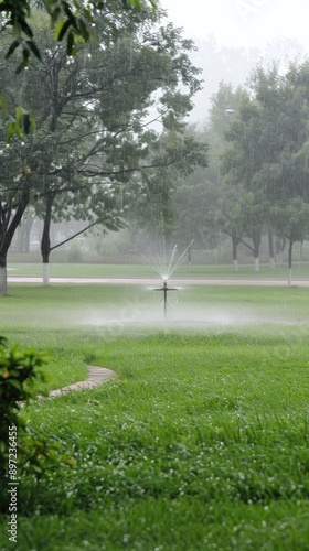 A black sprinkler head is watering a green lawn with a wide spray of water