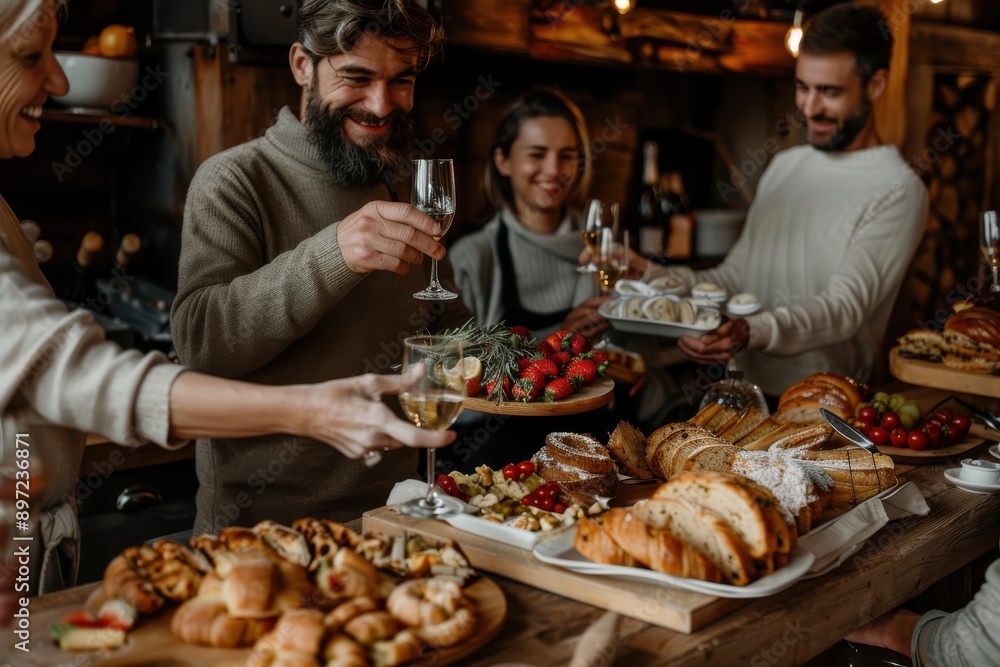 A group of friends or family gathers around a wooden table filled with pastries, fruits, and bread, toasting with wine glasses in a cozy and festive atmosphere. A group of friends or family gathers around a wooden table filled with pastries, fruits, and bread, toasting with wine glasses in a cozy and festive atmosphere.