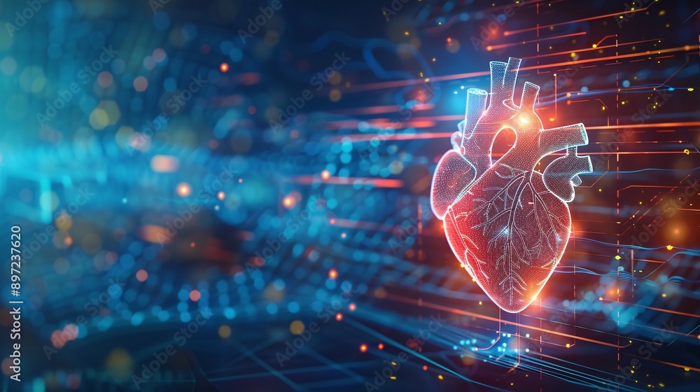 Digital illustration of human heart in digital background. 3d rendering toned image double exposure. Digital illustration of human heart in digital background. 3d rendering toned image double exposure.